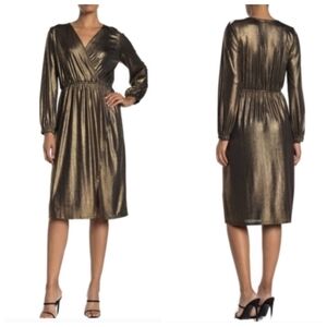 New Free Press Metallic Long Sleeve Black Gold Midi Dress XS NWT
